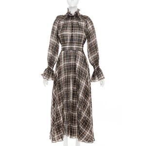 BEAUFILLE brown cotton silk check sheer ruched neck sleeves peasant dress US0 S
